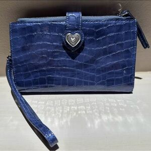 Brighton Bellissimo Heart Blue Croc Double Zip Leather Wallet Wristlet